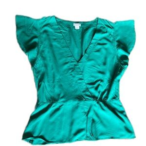 J. Crew Teal Satin Flutter Sleeve Blouse belted peplum style 12 M-L